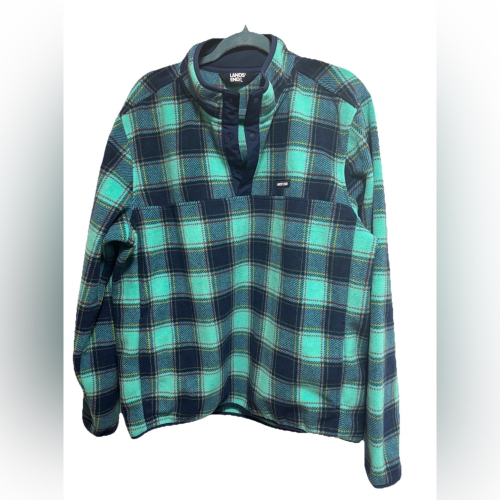 Lands' End Teal and Navy Plaid Fleece Pullover LARGE